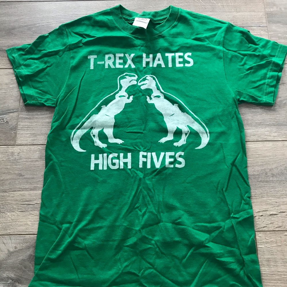 Green T-Rex shirt. Adult unisex size small.